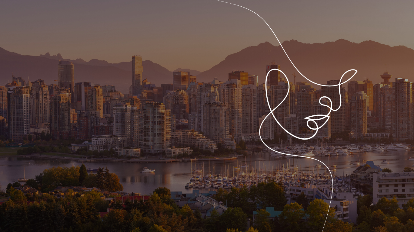 outlined face with view of Vancouver in full circle home slider